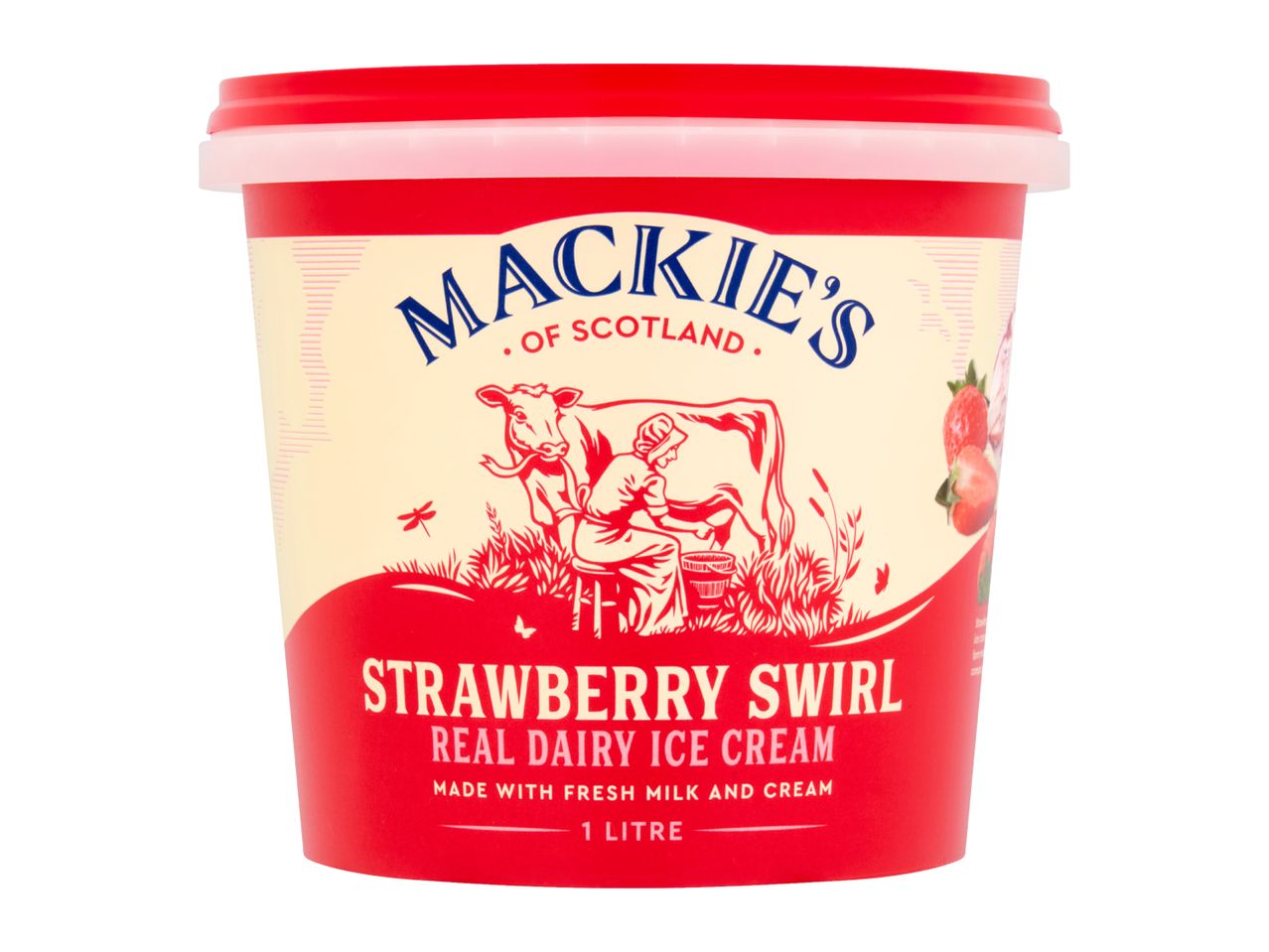 A tub of strawberry swirl real dairy ice cream with a cow and milkmaid illustration.
