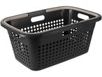A black plastic laundry basket with gray handles.