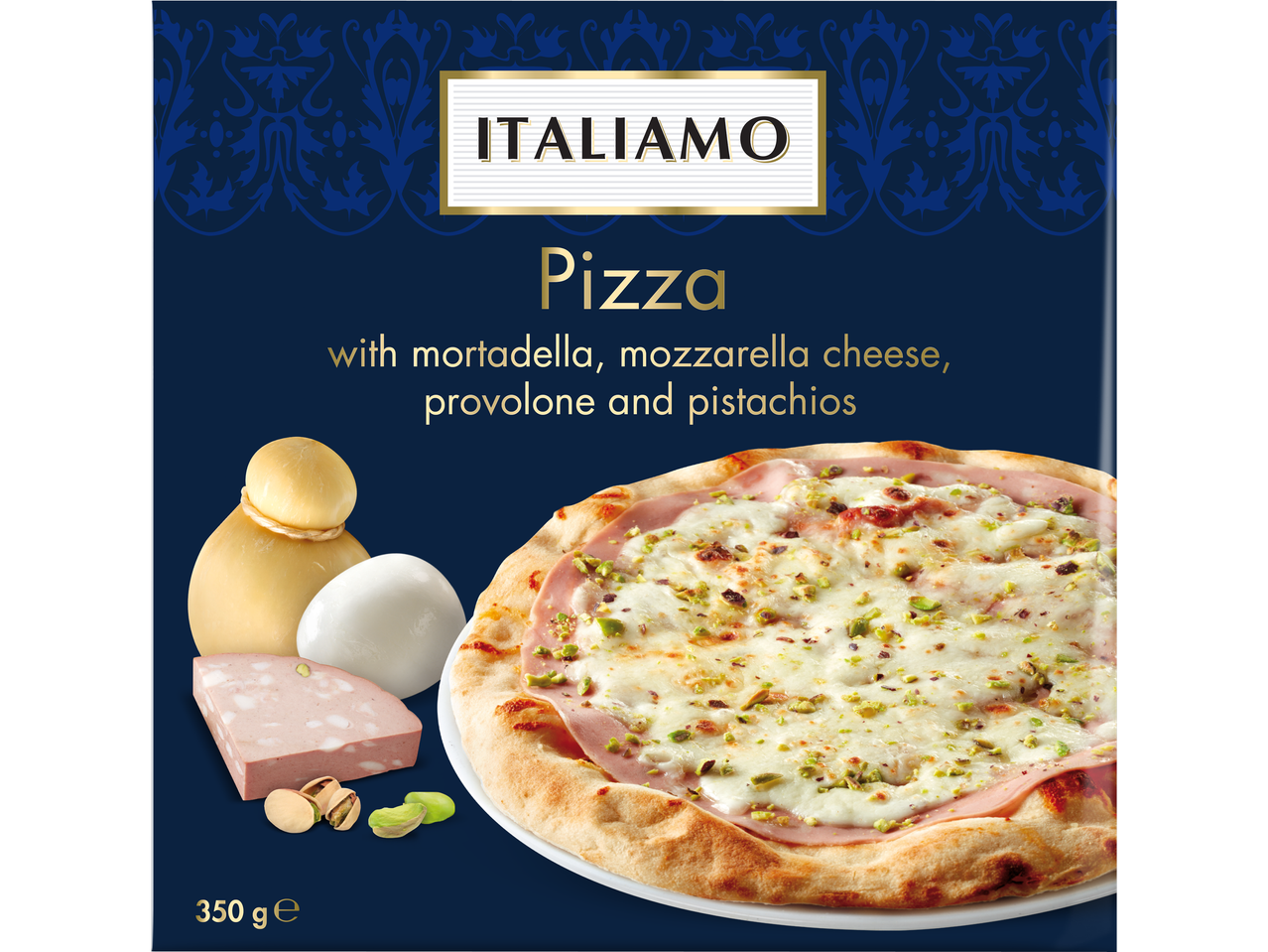 Pizza z mortadelą, serem i pistacjami
