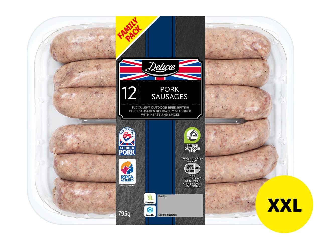 A family pack of 12 pork sausages, XXL size, with certifications for outdoor bred British pork.