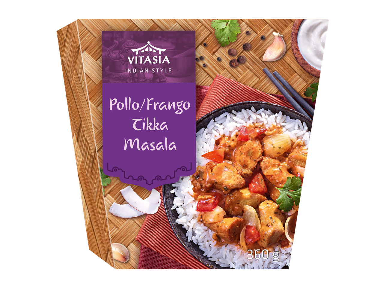 Vitasia Pollo/Frango Tikka Masala com arroz, estilo indiano.