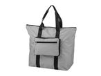 Light grey foldable shopping bag with black handles and a front zippered pocket