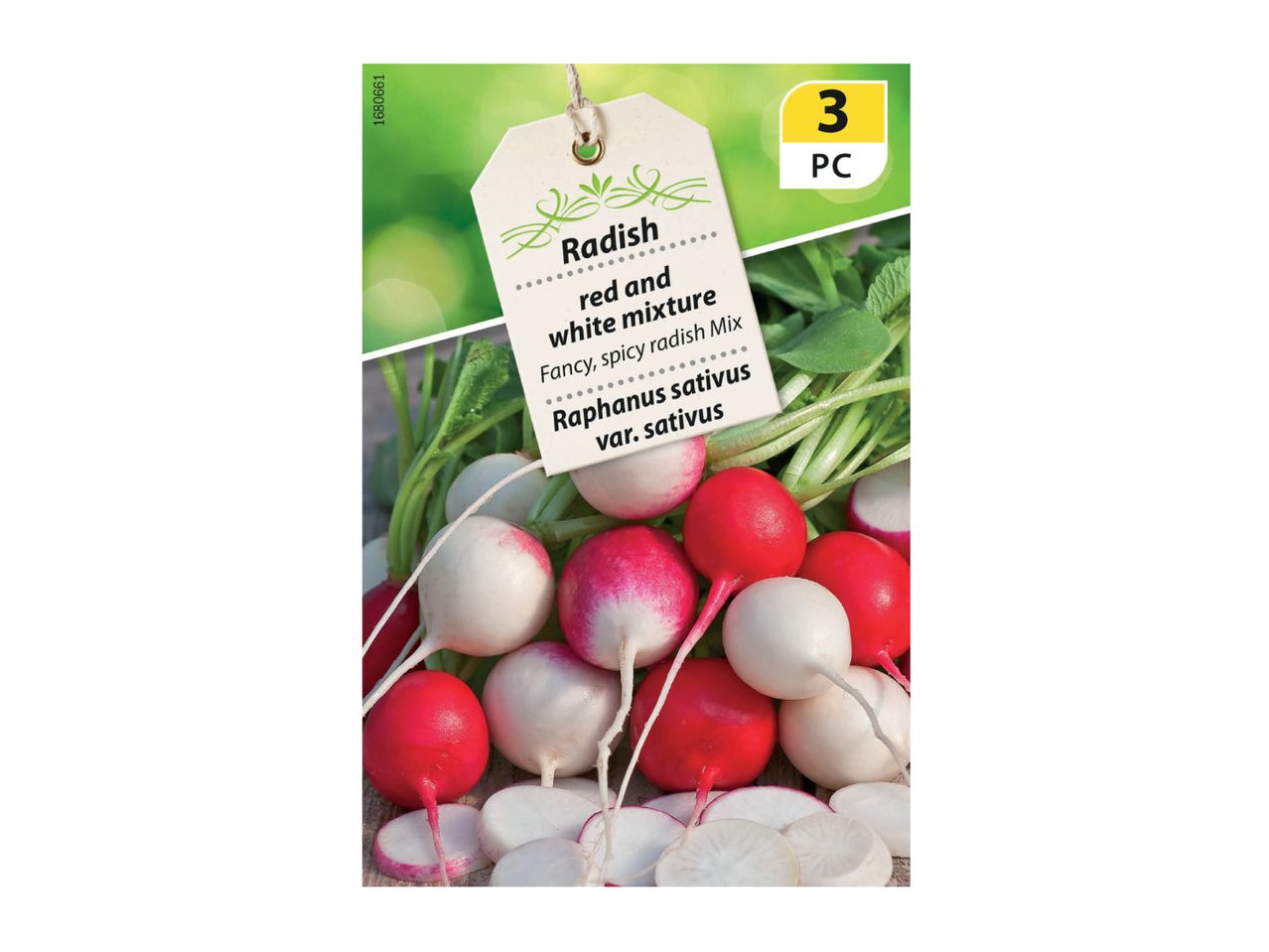 Radish seed packet with red and white radishes, labeled 'Fancy, spicy radish Mix'