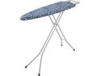 An ironing board with a blue and white patterned cover.