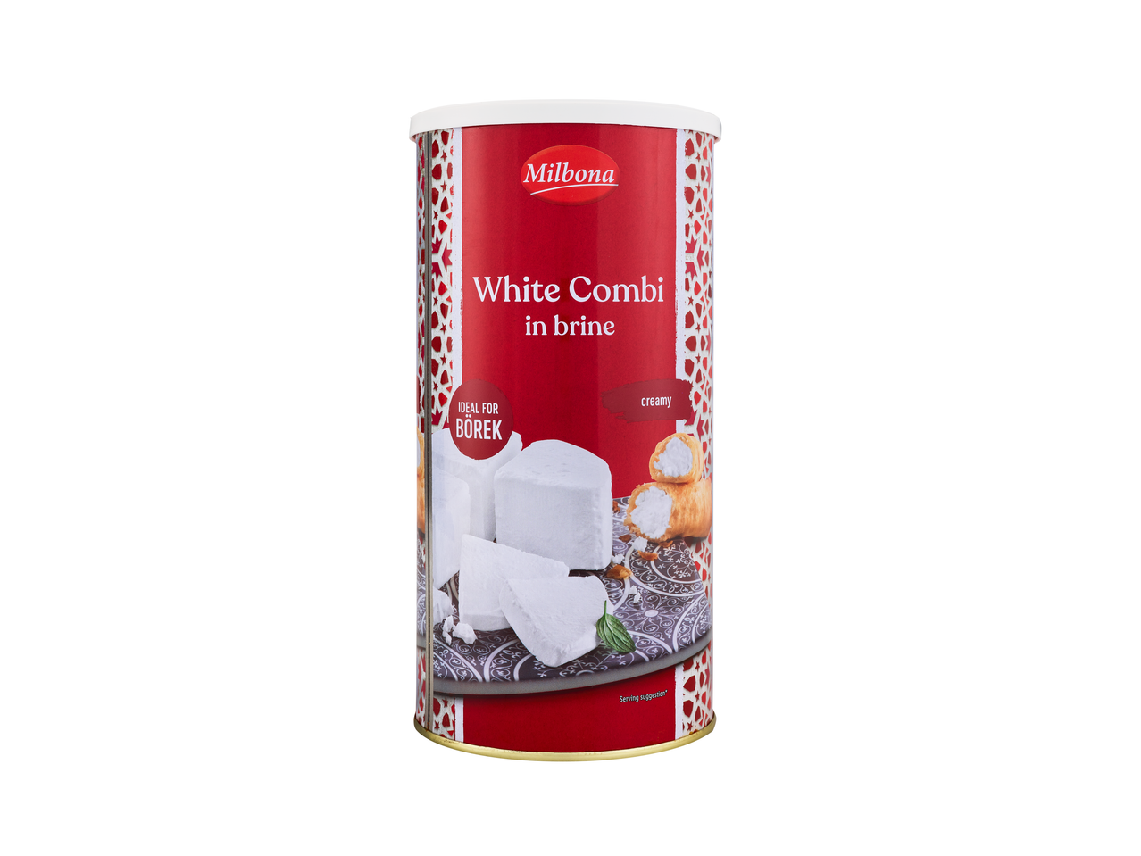 Milbona White Combi în saramură, ideal pentru Börek, cu textură cremoasă, într-o cutie roșie și albă.