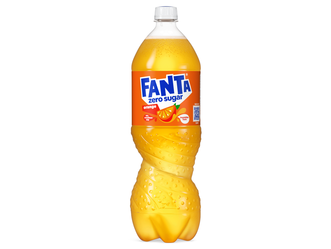 Fanta Zero Sugar sinaasappel in een plastic fles.