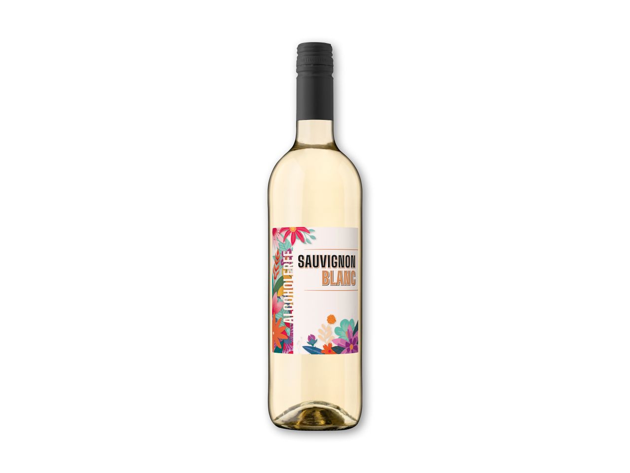 Hvidvin med en farverig blomsteretiket, der angiver, at den er alkoholfri Sauvignon Blanc.