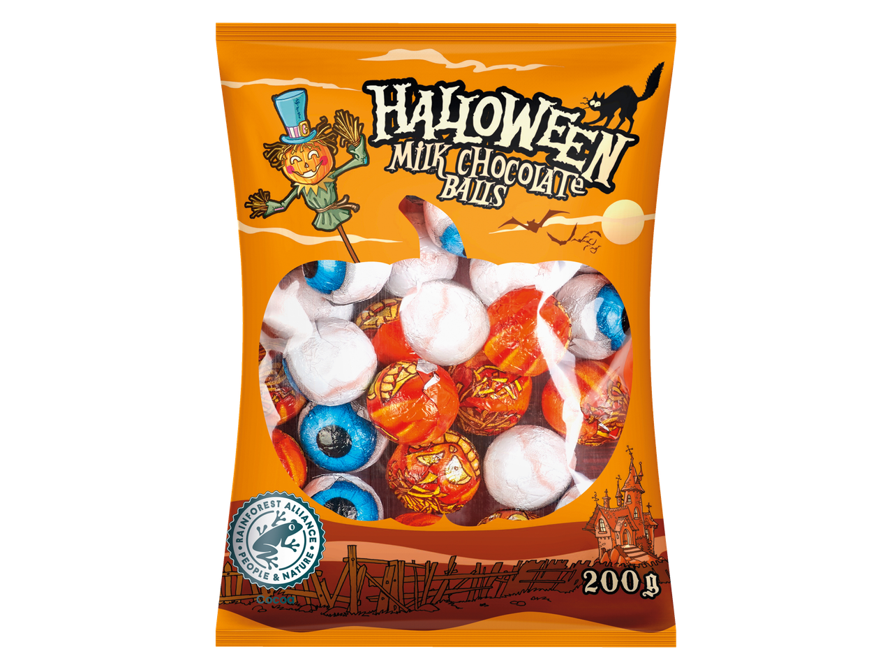 Halloween milk chocolate balls in a pumpkin-shaped bag with a scarecrow and haunted house.