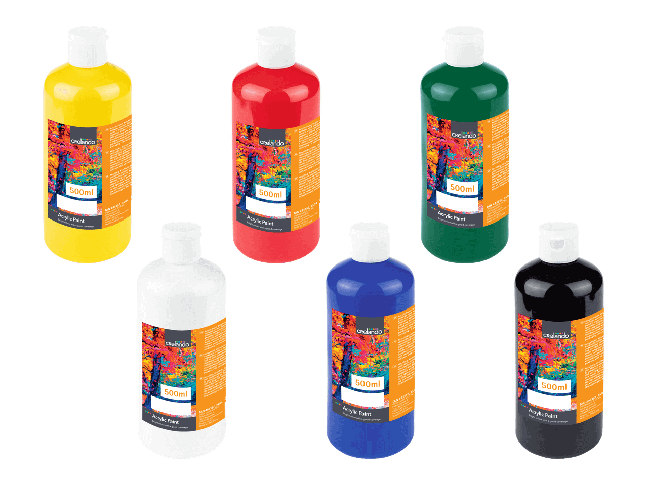 Kuusi 500 ml:n pulloa akryylimaalia kirkkaissa väreissä: keltainen, punainen, vihreä, valkoinen, sininen ja musta.