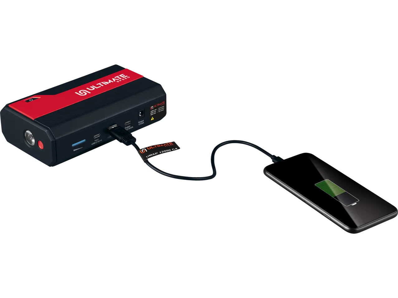 Powerbank Ultimate Speed a smartphone a cabo, com o logótipo Ultimate Speed visível