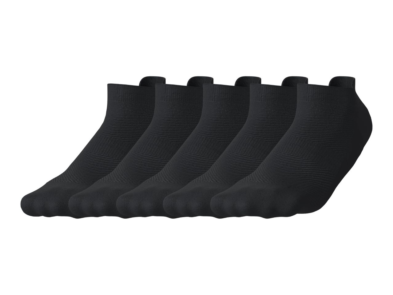 Five pairs of black ankle socks, neatly arranged in a row.