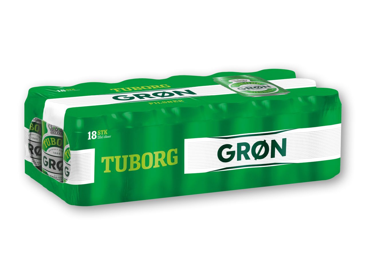 18 Tuborg Grøn Pilsner dåser i en grøn emballage.