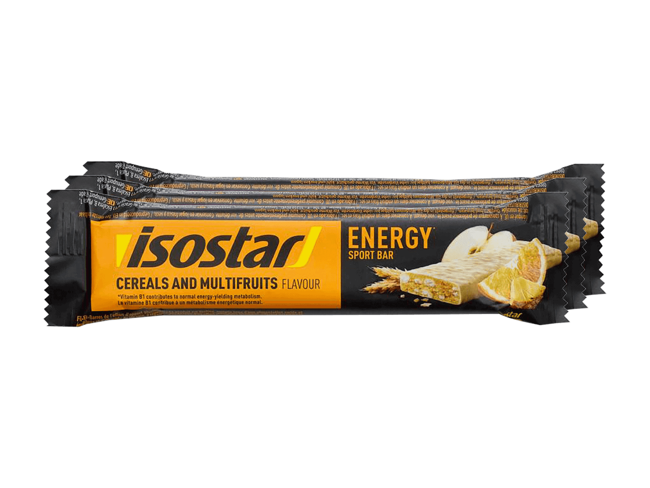 Barres énergétiques aux céréales et multifruits, avec la mention 'ENERGY SPORT BAR'.