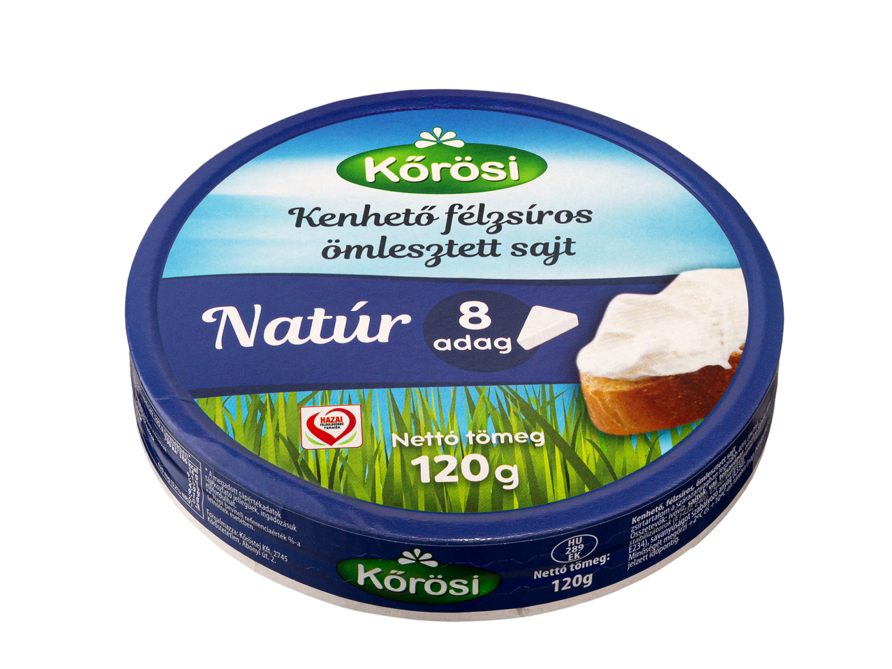 Kőrösi Natúr kenhető félzsíros ömlesztett sajt, 8 adag, 120g-os kiszerelésben.