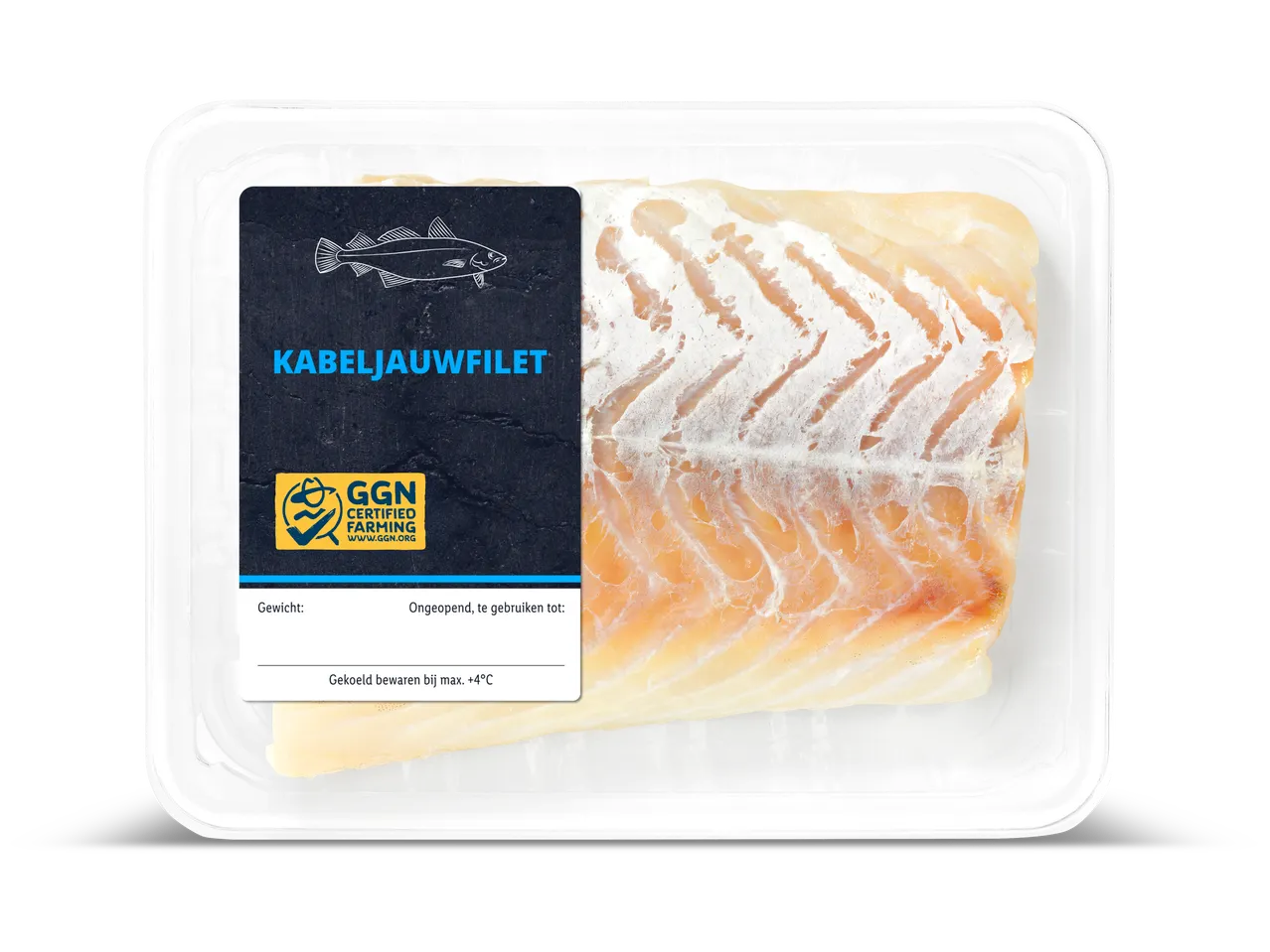 Kabeljauwfilet in een plastic verpakking met een GGN Certified Farming-label.
