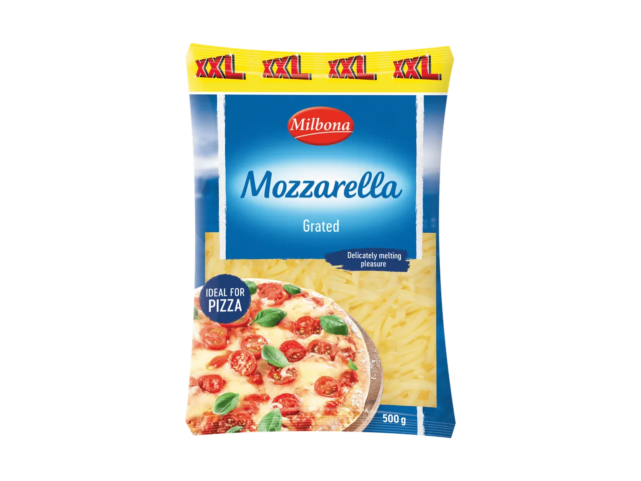 Milbona Mozzarella râpée XXL, idéale pour pizza, 500g.