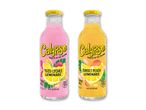 To flasker limonade, en lyserød yuzu lychee og en gul fersken, begge med teksten 'Taste of the Islands'.