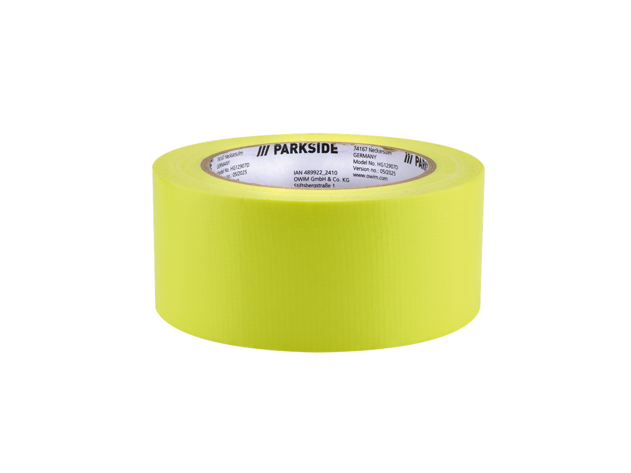 PARKSIDE® textil ragasztószalag neon sárga színben, termékinformációkkal.