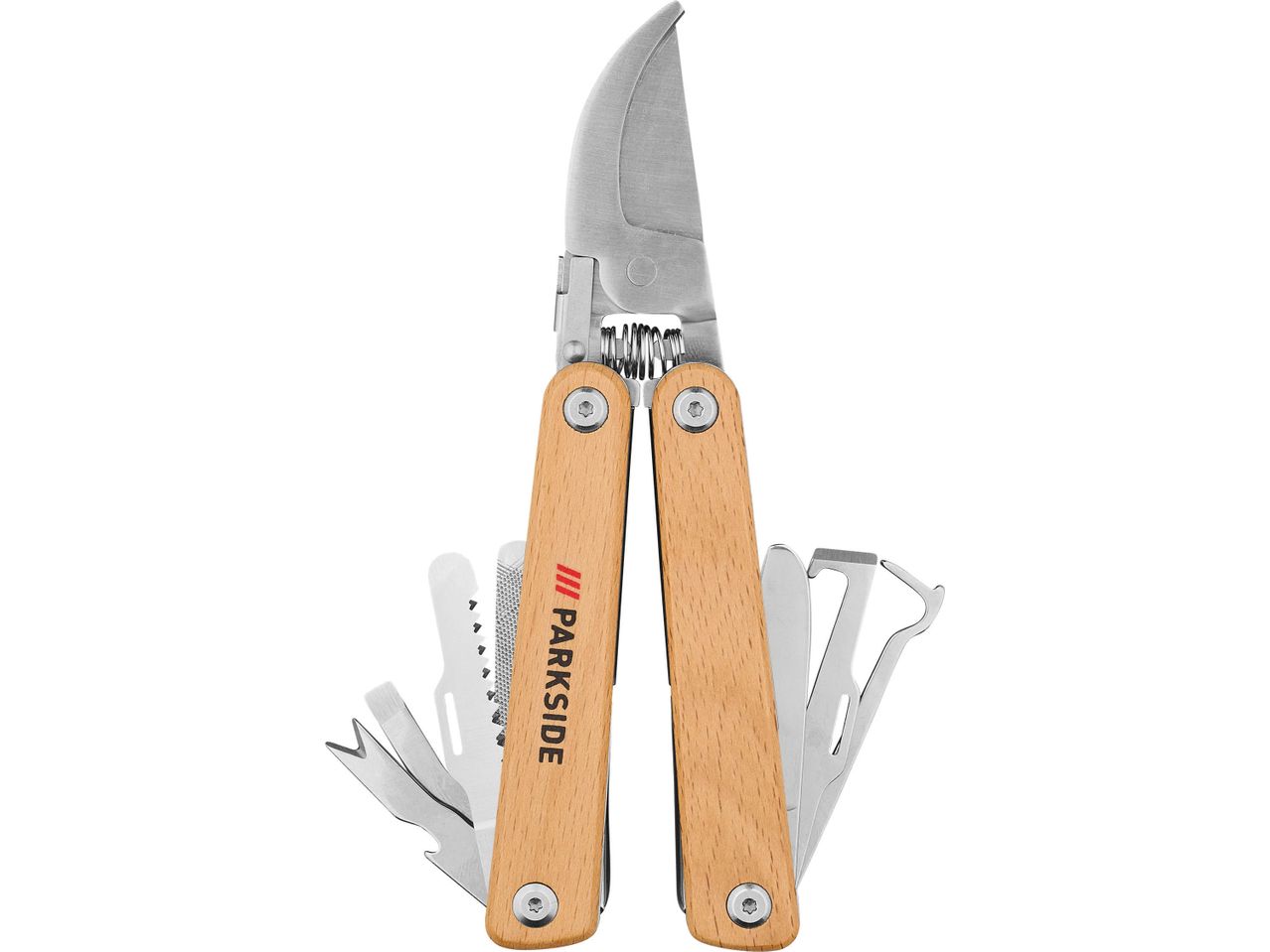 A multi-tool with wooden handles and various metal tools, including pruning shears.