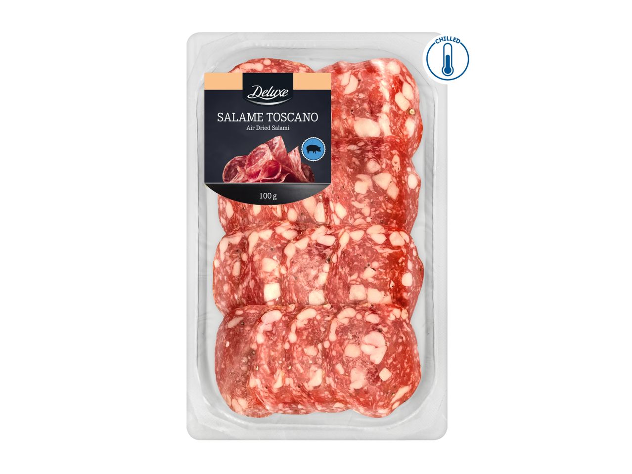 Pack of sliced air-dried salami, with a label indicating it's a chilled product.