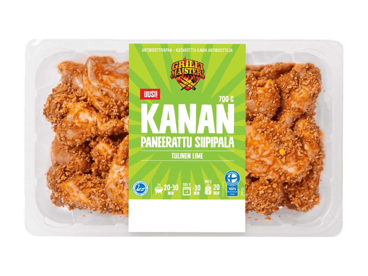 Pakkauksessa paneroituja kanansiipiä, joissa on tulinen limen maku, paino 700 g.