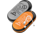 Två Crivit powerbanks, en grå och en orange, med specifikationer och en USB-kabel.