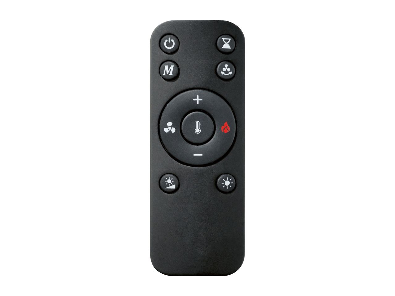 Black remote control with various function buttons for temperature, fan, and light.