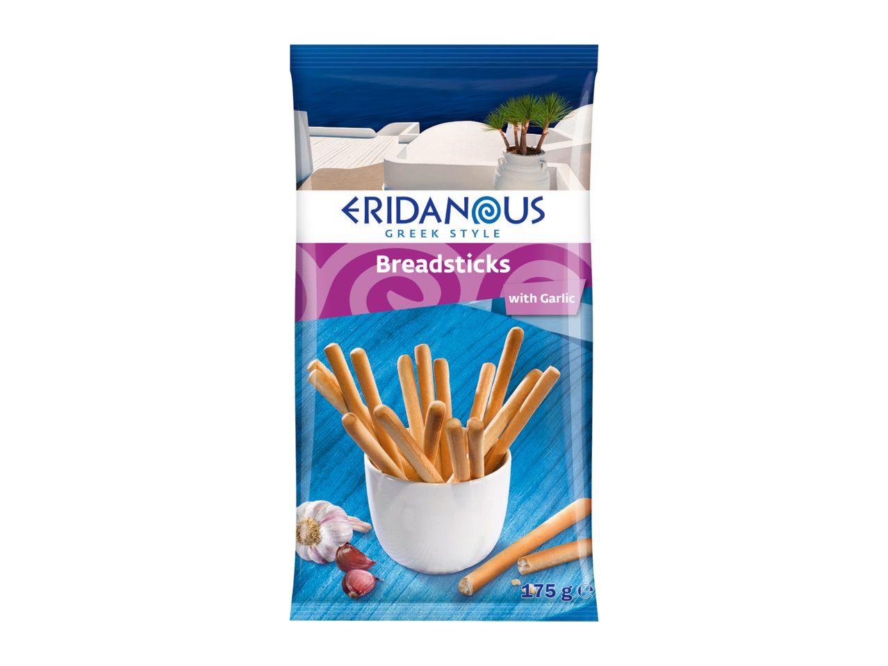 Greek style breadsticks with garlic in a white bowl, set against a blue and white background.