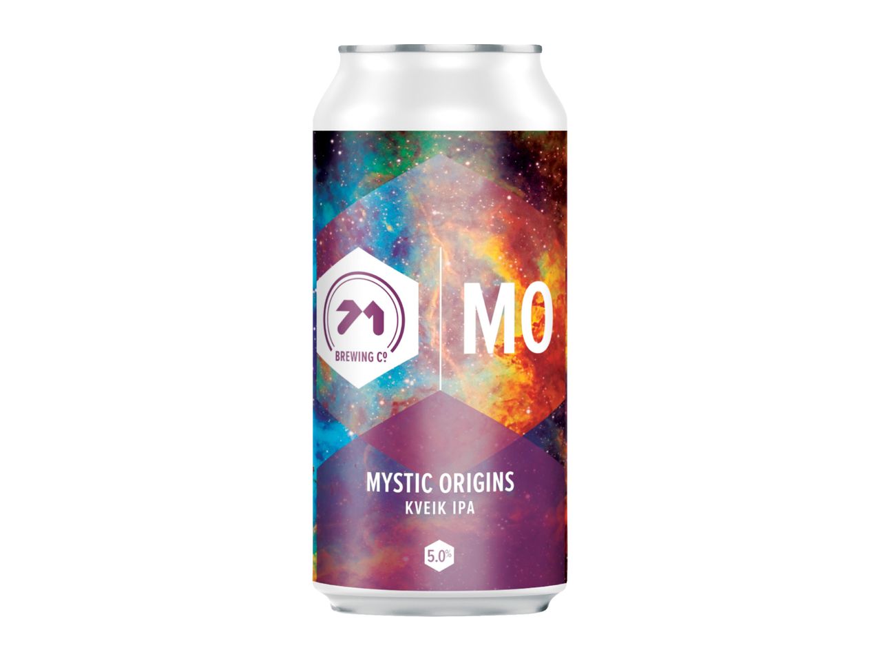 White beer can with a colorful galaxy design, featuring text 'MO MYSTIC ORIGINS KVEIK IPA 5.0%'.