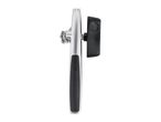 A silver and black can opener with a magnetic lid opener.