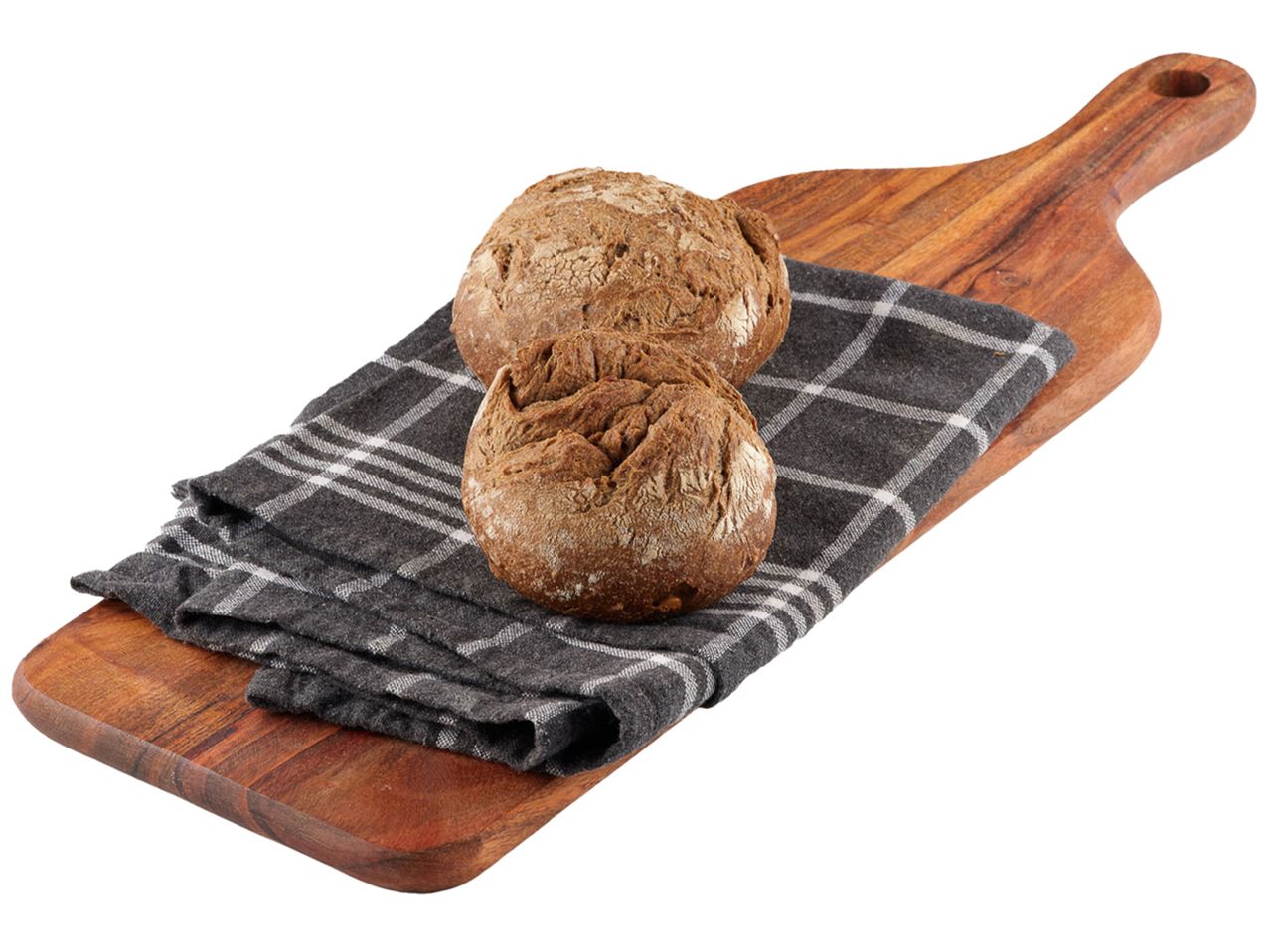 Två bröd på en träbricka.