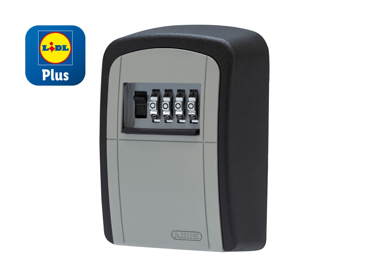 Un coffre-fort ABUS gris à combinaison numérique, présenté par Lidl Plus.