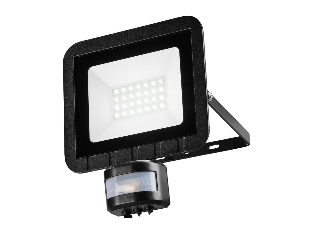 Black LED floodlight with an integrated motion sensor.