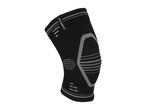 Black knee support with grey accents and textured patterns for athletic use.