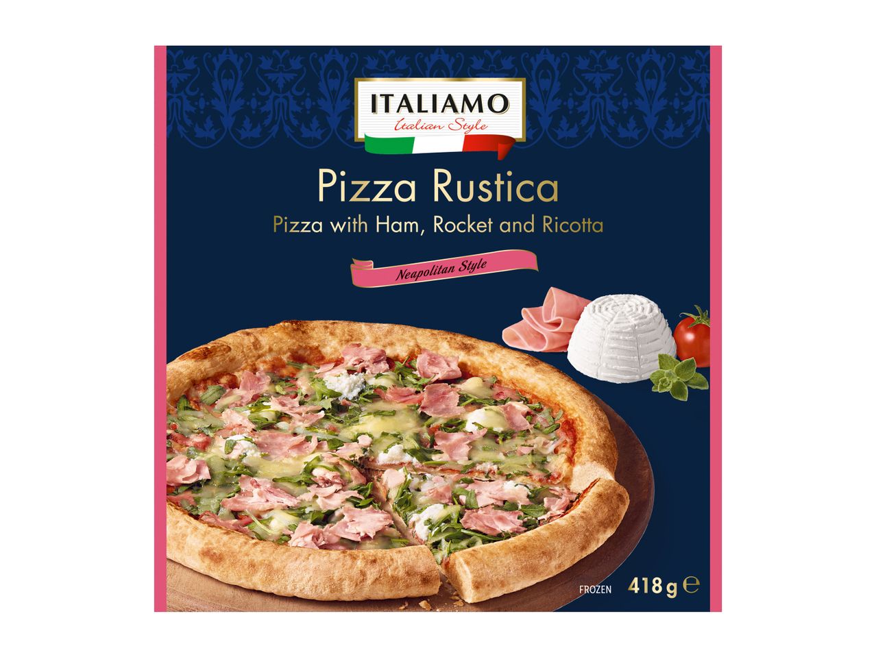 Italiamo Pizza Rustica with ham, rocket, and ricotta, Neapolitan style.