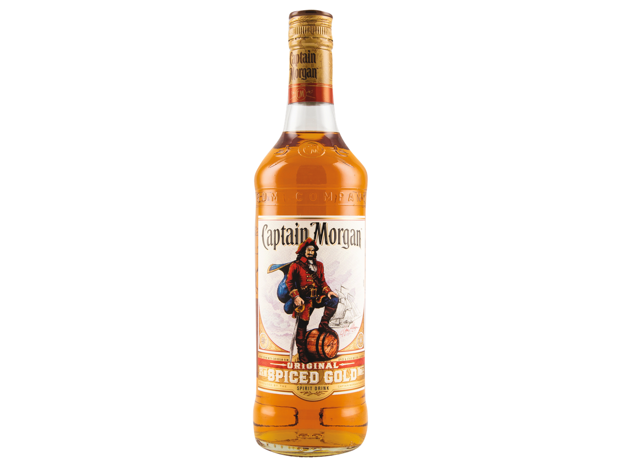 Captain Morgan Original Spiced Gold rum bottle with a pirate illustration.
