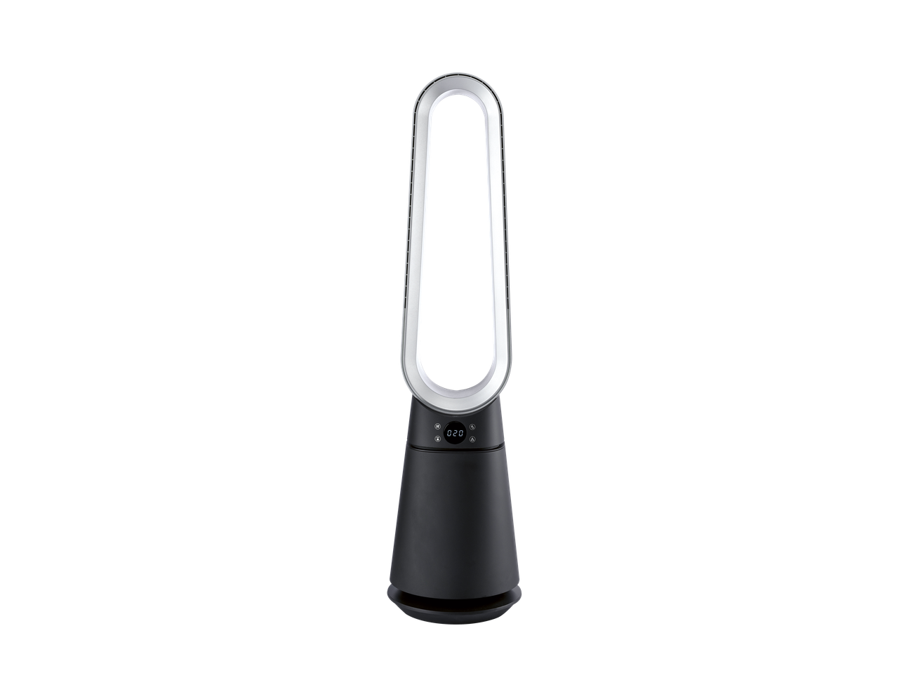A black and silver bladeless tower fan with a digital display showing '020' and control buttons.