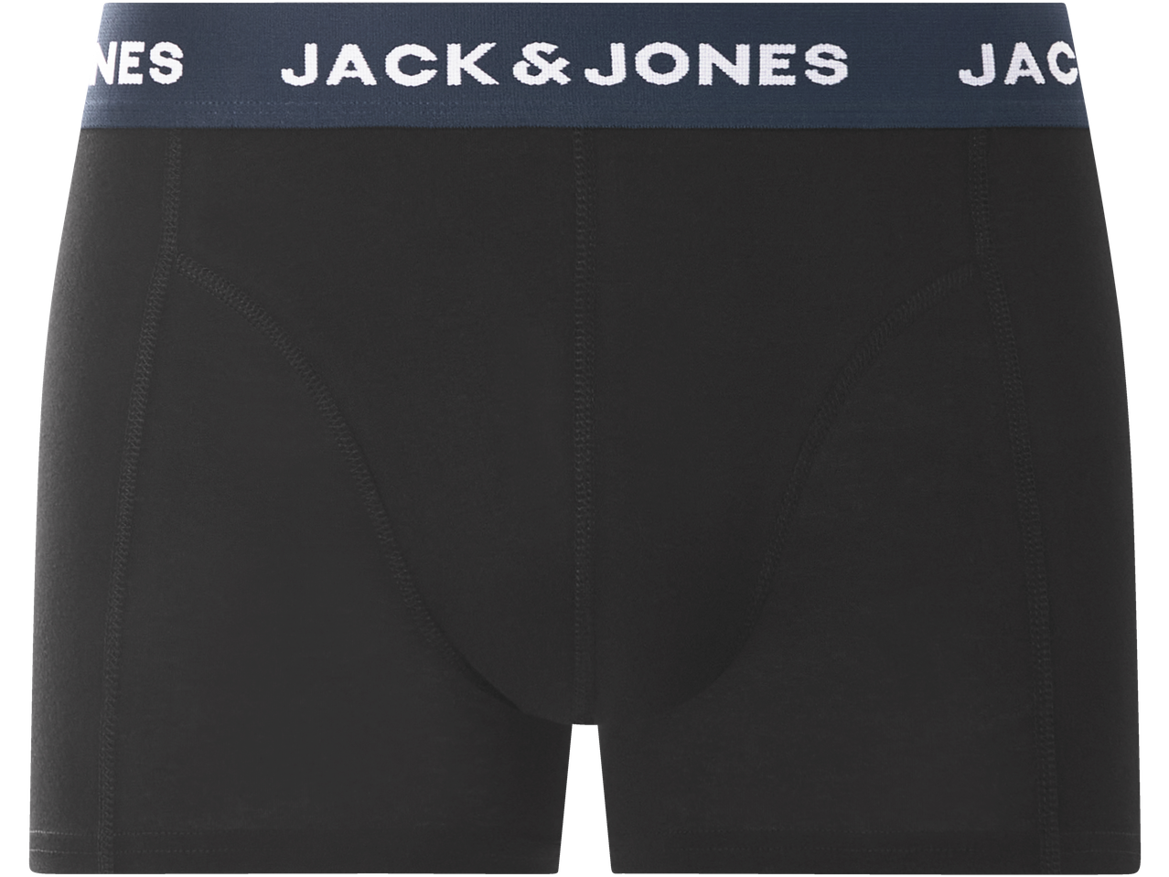 Zwarte Jack & Jones boxershorts met marineblauwe tailleband en wit logo.