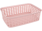 Pink plastic rectangular storage basket with a woven pattern on the sides.