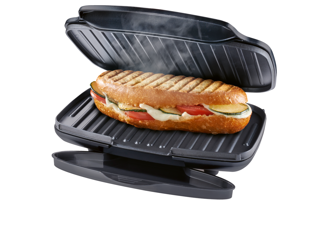 A delicious panini is cooked to perfection in a black panini press.