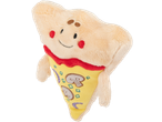 Peluche de pizza com rosto sorridente, bochechas vermelhas e cogumelos bordados.