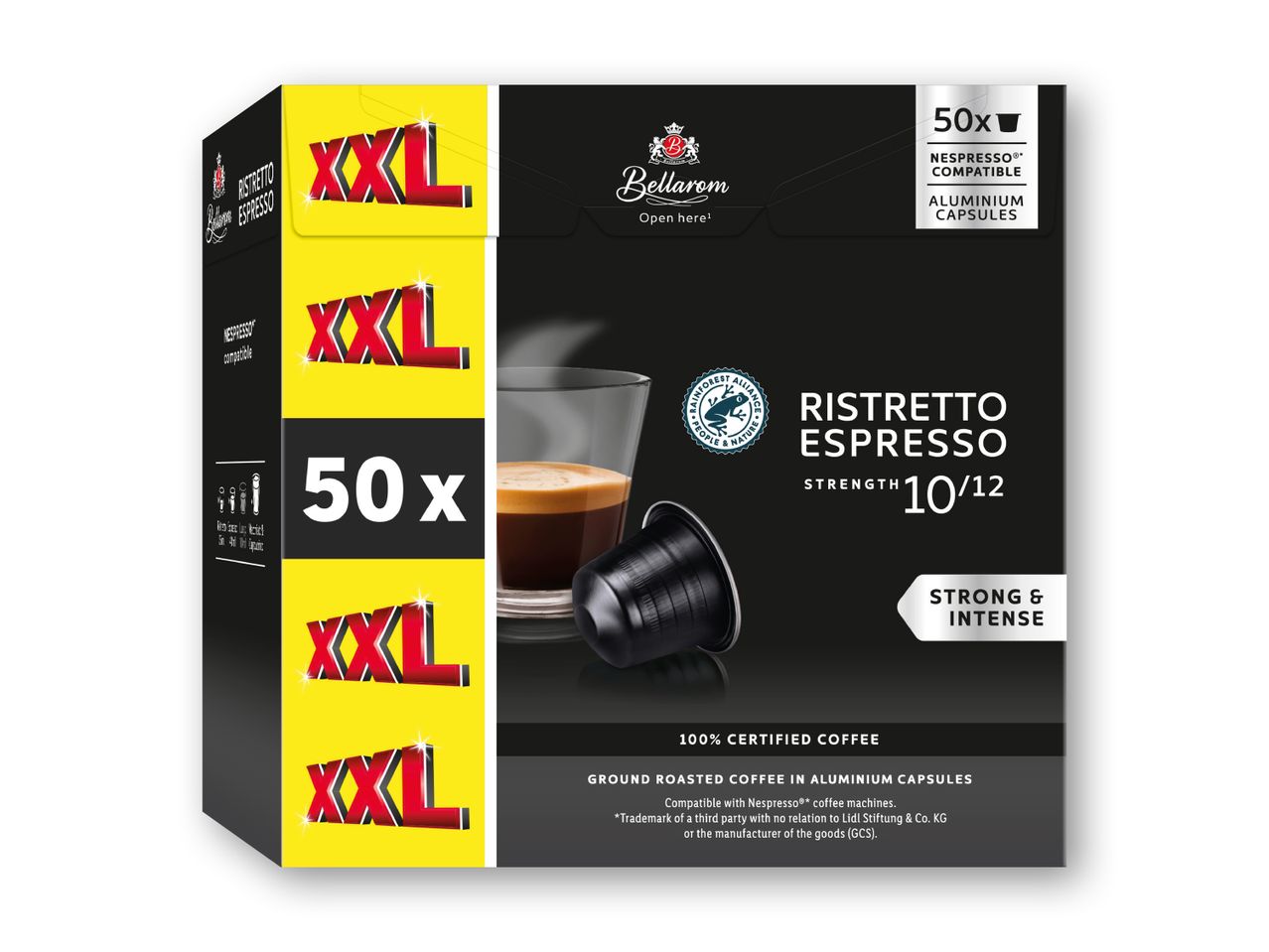 Pakke med 50 Ristretto espresso kaffekapsler, styrke 10/12, stærk og intens.