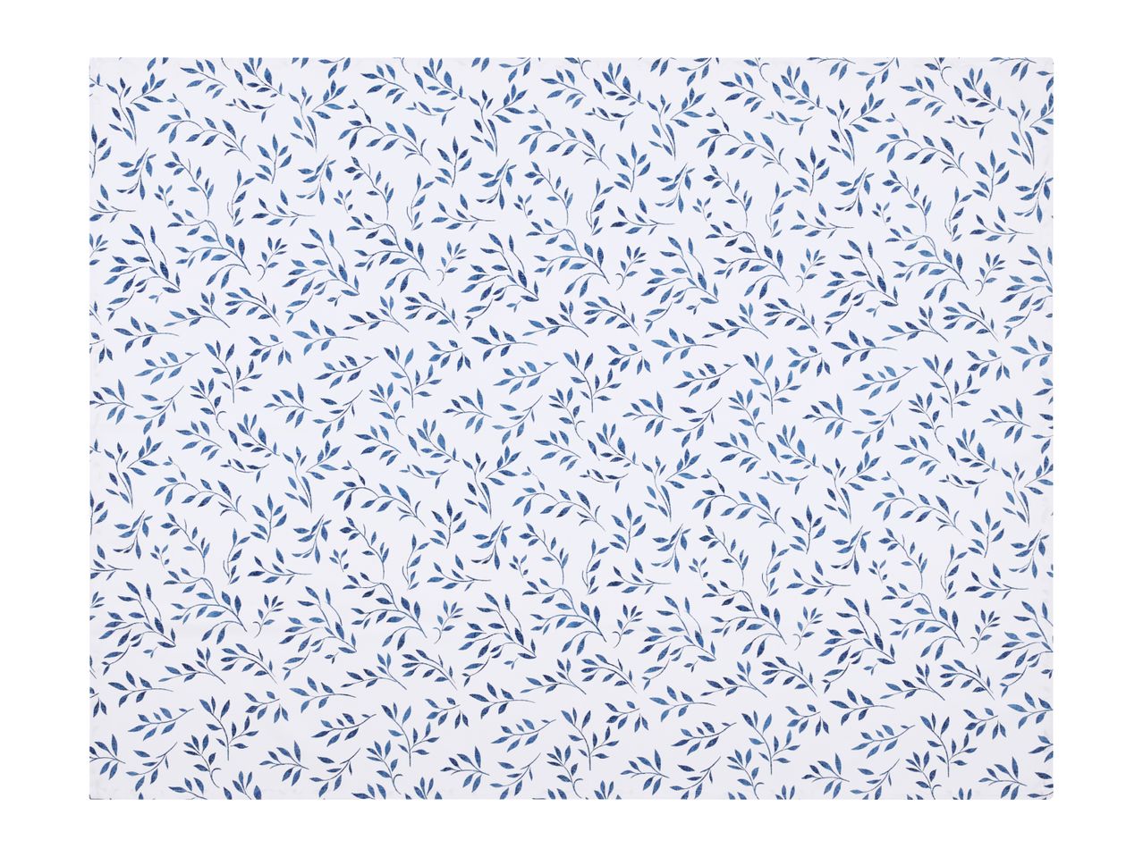 White fabric with a repeating pattern of blue leaves and branches.