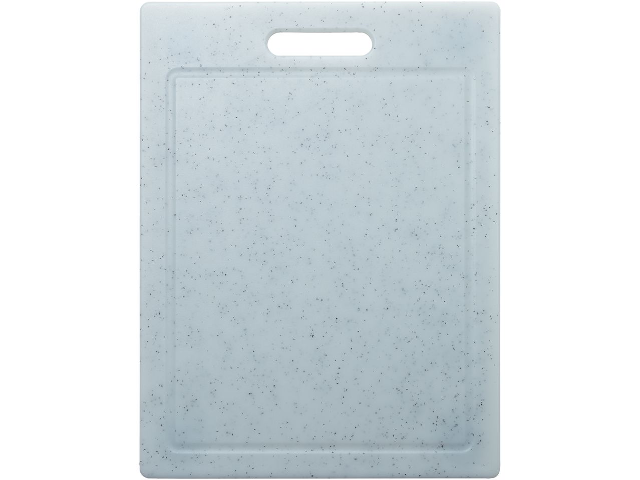 Tagliere da cucina in plastica, colore grigio chiaro con puntini neri.