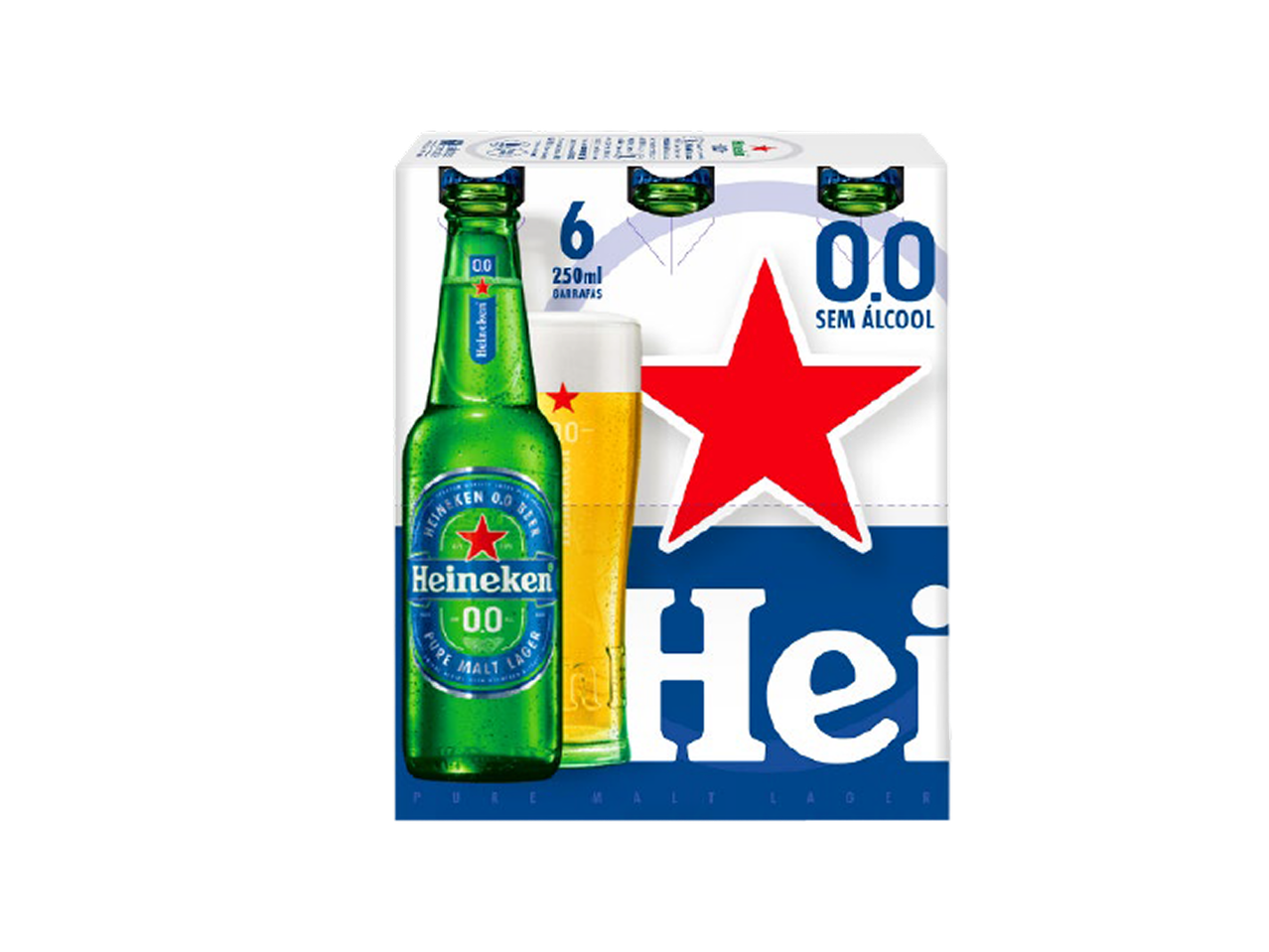 Pack de 6 garrafas de cerveja sem álcool de 250ml, com copo de cerveja e estrela vermelha.