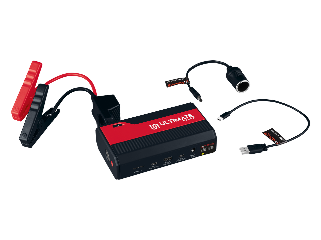 Prijenosni starter za automobil s kabelima za pokretanje, USB-C kabelom i adapterom za upaljač.