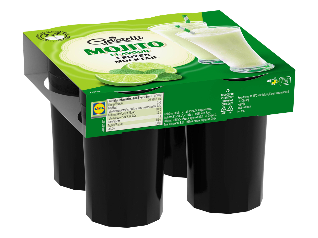 Confezione da quattro bevande al gusto di lime e menta, marchio Colavita.
