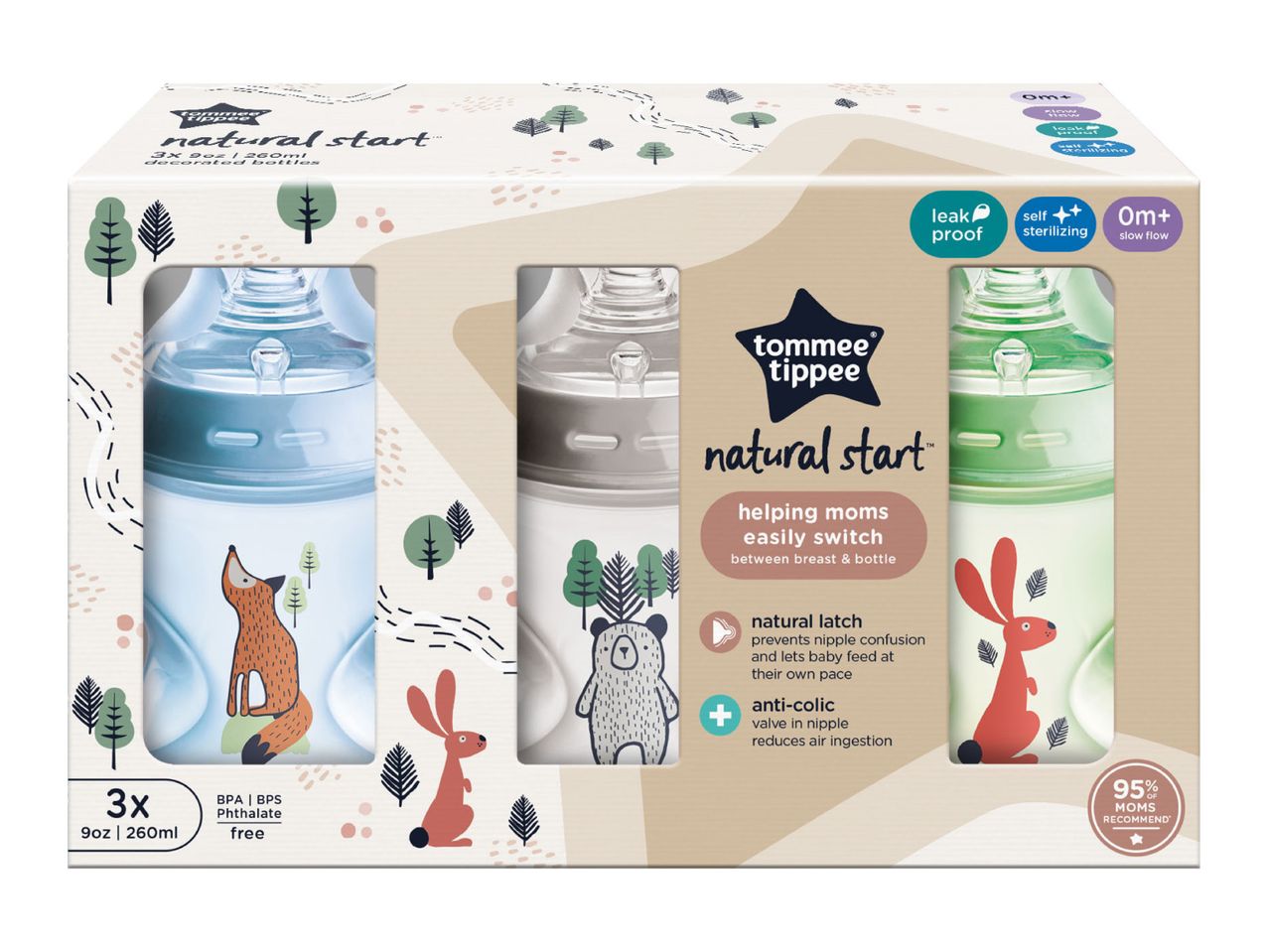 Tommee Tippee Natural Start baby bottles with forest animal designs.