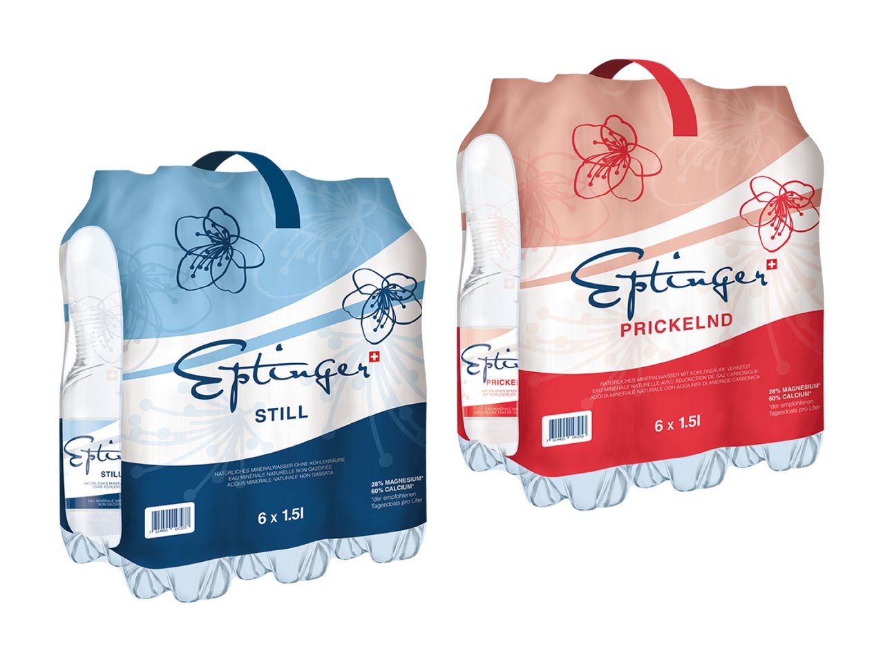 Zwei 6er-Packs Eptinger Mineralwasser, eines stilles und eines prickelndes.