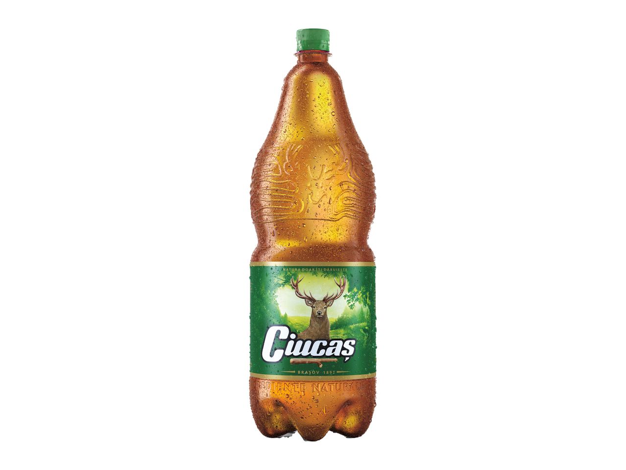 Sticla de Ciucas, băutură răcoritoare, cu picături de apă pe suprafață.